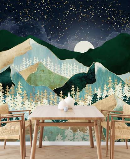 montañas verdes y doradas con fondo de pantalla de cielo nocturno