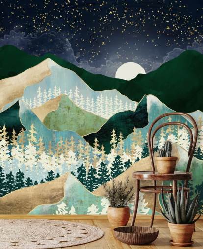 montagnes vertes et dorées avec fond d'écran de ciel nocturne