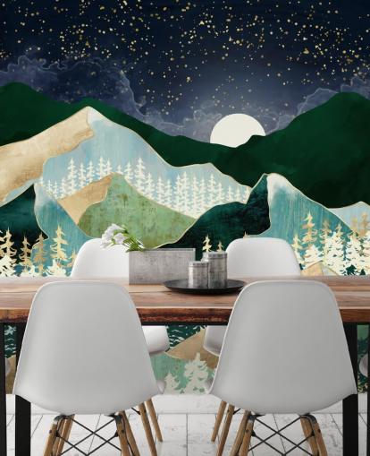 montagne verdi e dorate con carta da parati cielo notturno