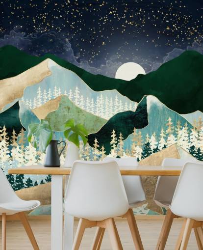 montagne verdi e dorate con carta da parati cielo notturno