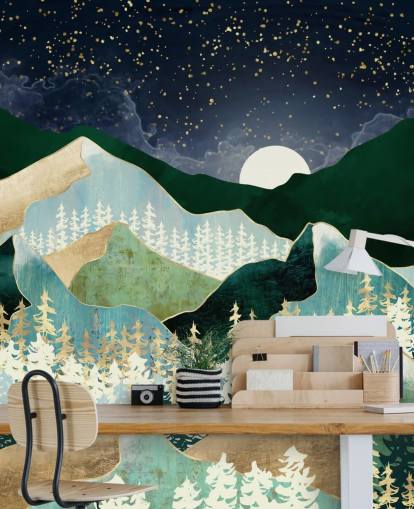 green and gold mountains with night sky wallpaper