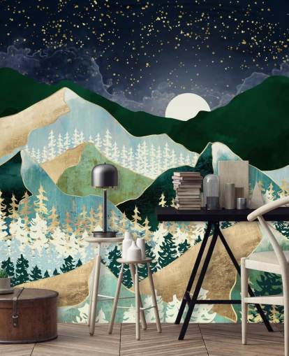 montagne verdi e dorate con carta da parati cielo notturno