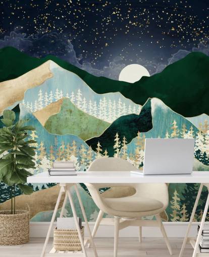 green and gold mountains with night sky wallpaper