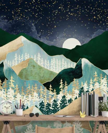 green and gold mountains with night sky wallpaper