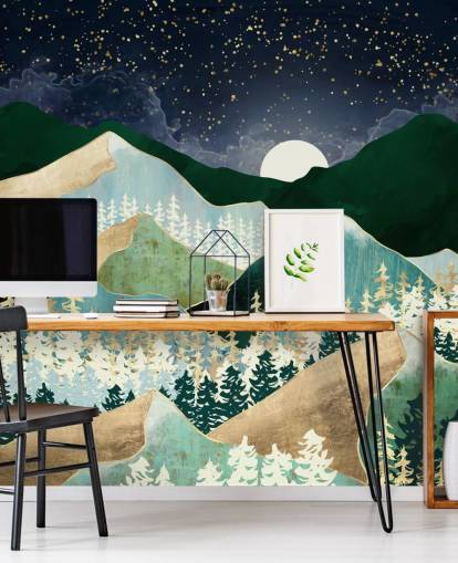 green and gold mountains with night sky wallpaper