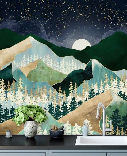 montagne verdi e dorate con carta da parati cielo notturno