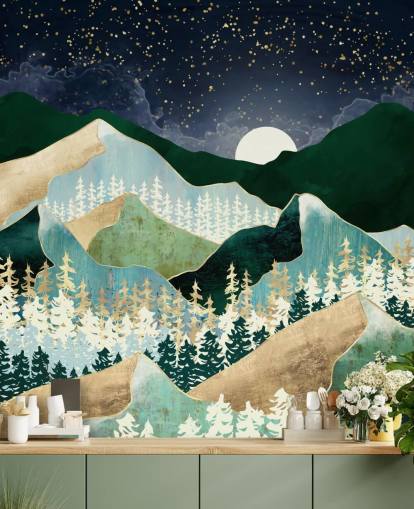 montagnes vertes et dorées avec fond d'écran de ciel nocturne