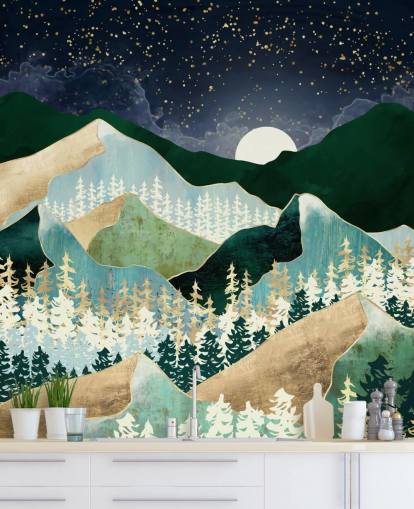 montagne verdi e dorate con carta da parati cielo notturno