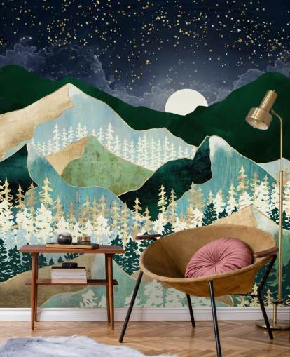 montagne verdi e dorate con carta da parati cielo notturno