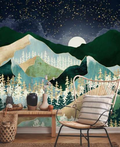 green and gold mountains with night sky wallpaper