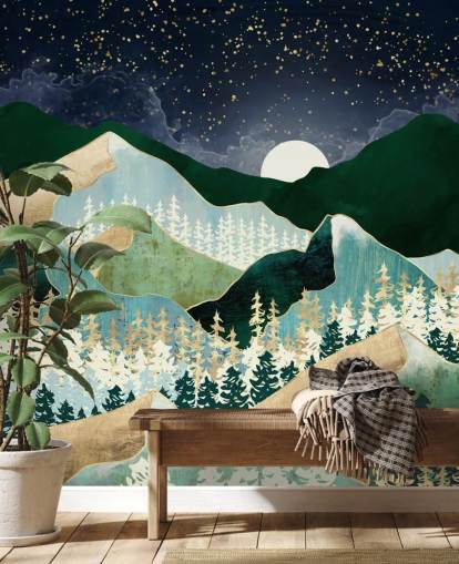 montagne verdi e dorate con carta da parati cielo notturno