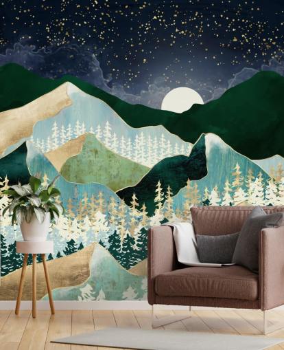 montagnes vertes et dorées avec fond d'écran de ciel nocturne