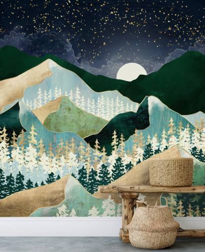 montagnes vertes et dorées avec fond d'écran de ciel nocturne