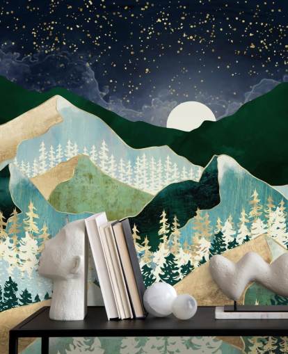 green and gold mountains with night sky wallpaper