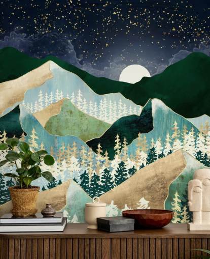 montañas verdes y doradas con fondo de pantalla de cielo nocturno