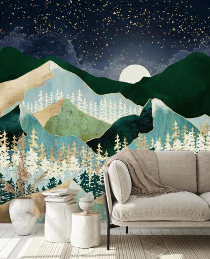 montagne verdi e dorate con carta da parati cielo notturno