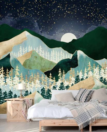 montañas verdes y doradas con fondo de pantalla de cielo nocturno