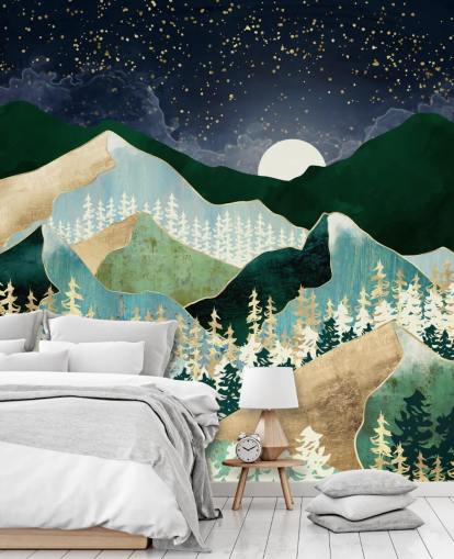 green and gold mountains with night sky wallpaper