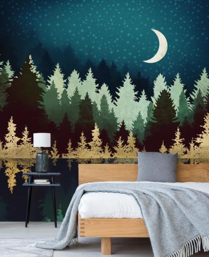 navy and gold forest and lake wallpaper