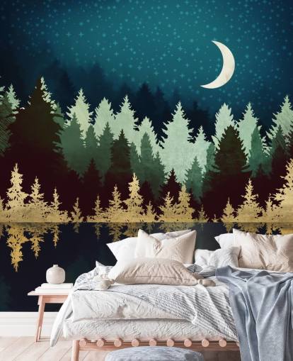 navy and gold forest and lake wallpaper