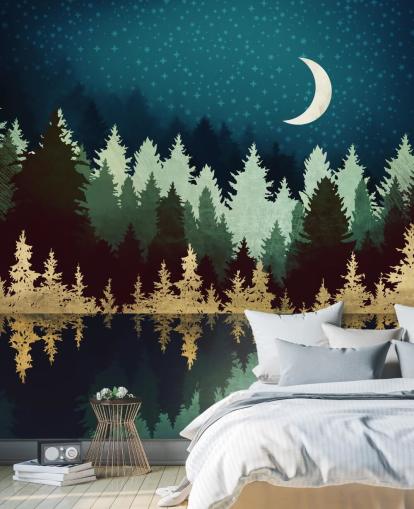 carta da parati blu e oro foresta e lago