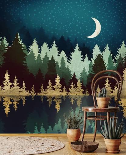 papel pintado de bosque y lago azul marino y dorado