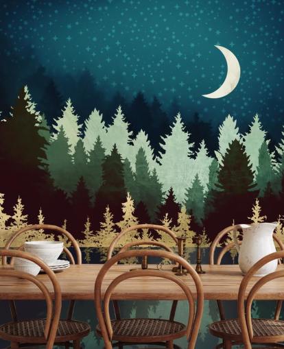 navy and gold forest and lake wallpaper