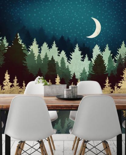 navy and gold forest and lake wallpaper