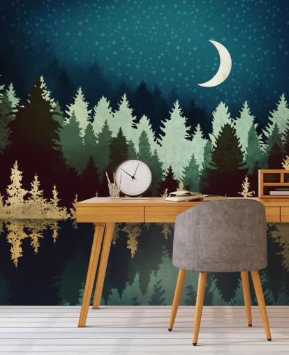 navy and gold forest and lake wallpaper