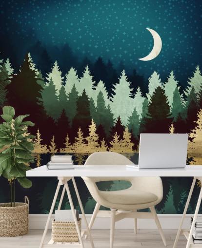 navy and gold forest and lake wallpaper