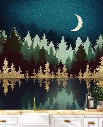 papel pintado de bosque y lago azul marino y dorado