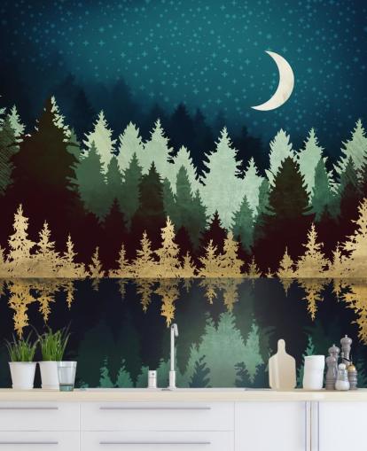 carta da parati blu e oro foresta e lago