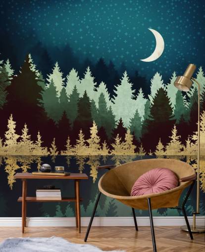 navy and gold forest and lake wallpaper