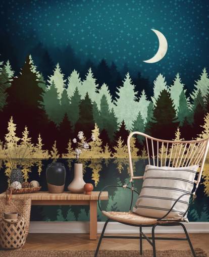 navy and gold forest and lake wallpaper