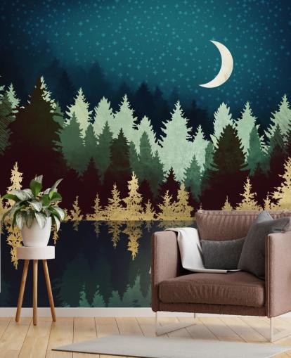 papel pintado de bosque y lago azul marino y dorado