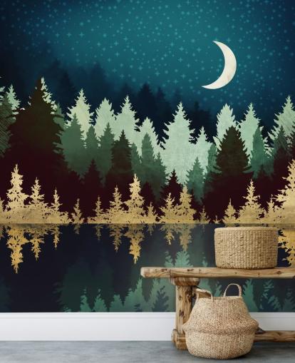 navy and gold forest and lake wallpaper