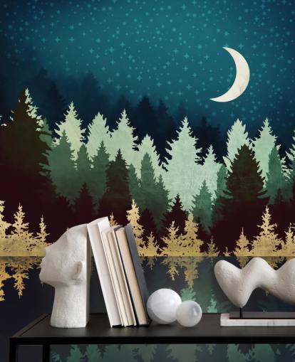 carta da parati blu e oro foresta e lago