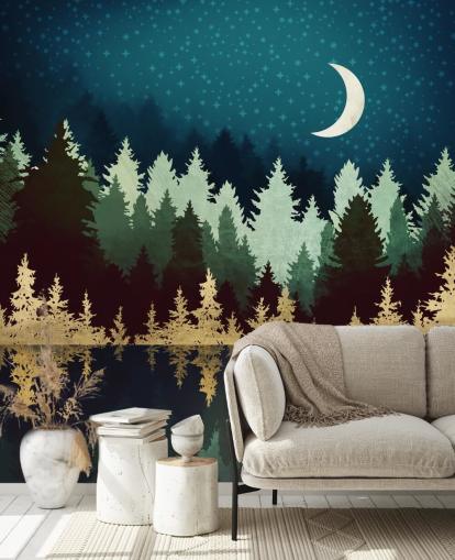 navy and gold forest and lake wallpaper