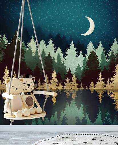 navy and gold forest and lake wallpaper