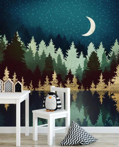 navy and gold forest and lake wallpaper