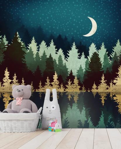 marinha e ouro floresta e lago papel de parede