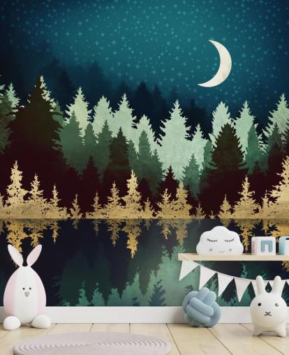 papier peint forêt et lac marine et or