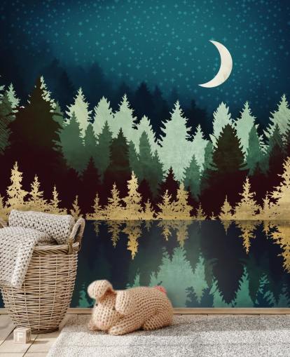 navy and gold forest and lake wallpaper