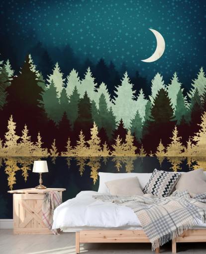 navy and gold forest and lake wallpaper