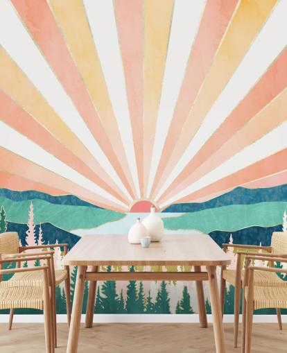 fersken og gul art deco soloppgang tapet