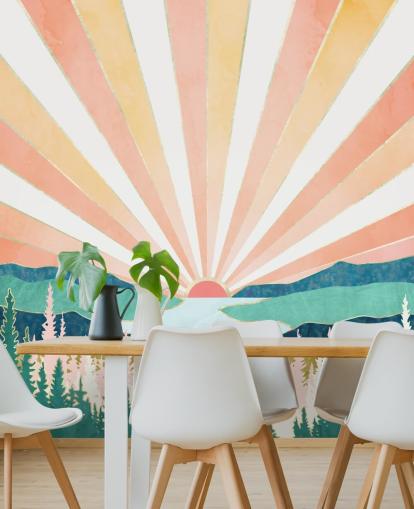 Pfirsich und gelbe Art Deco Sonnenaufgang Tapete