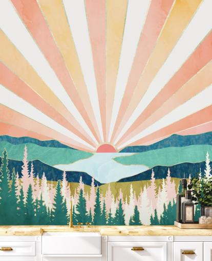 papel de parede pêssego e amarelo art deco sunrise