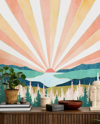 peach and yellow art deco sunrise wallpaper