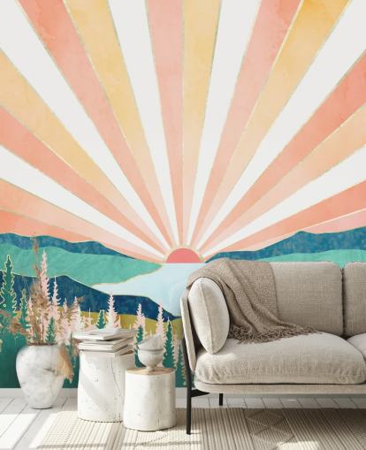 peach and yellow art deco sunrise wallpaper