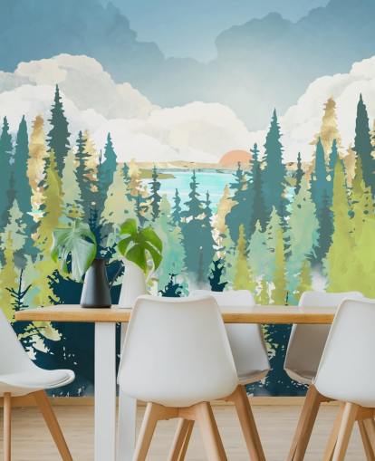 papier peint forêt vert foncé et vert clair